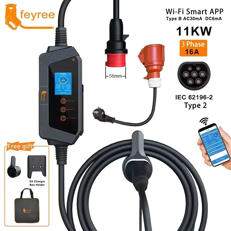 feyree 11KW 16A 3Phase Type2 P - Type 2 Portable Ev Charger 11Kw Cee ulasan dan harga